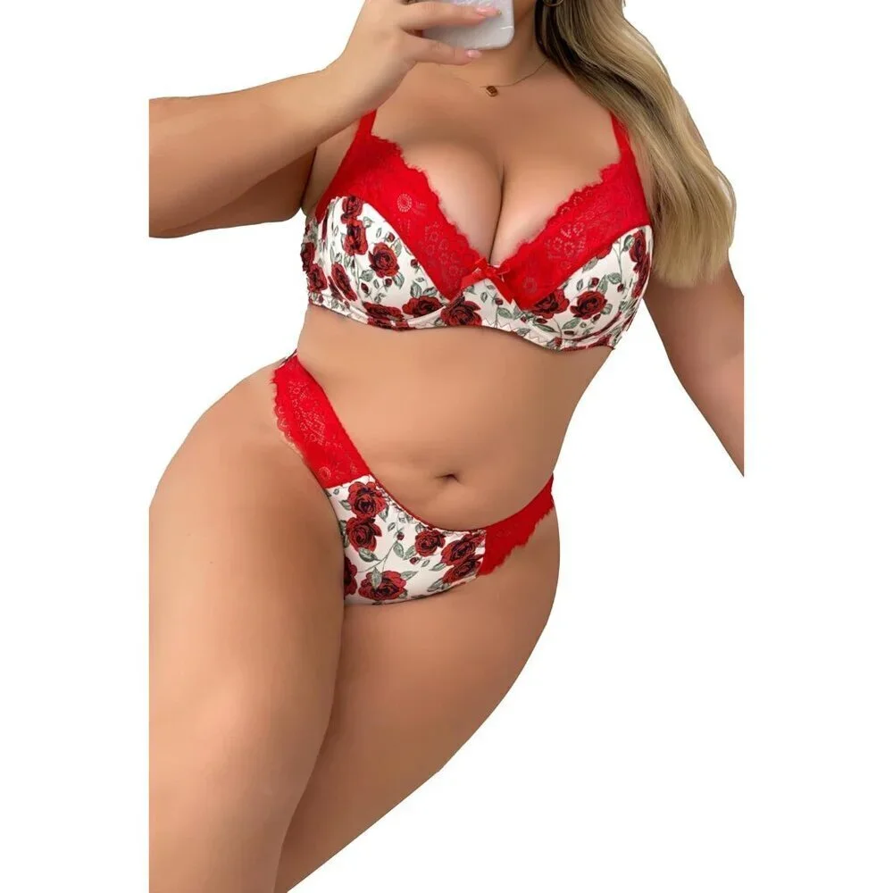 WOMEN'S Red Floral Sexy Lace Push Up Bra & Babydoll Nightwear Lingerie Set